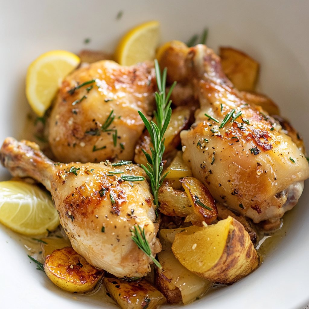 Cuisses de poulet sautées à l’ail servies avec du persil et du citron